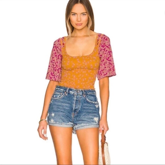 Free People Marigold Tee in Golden Combo Smocked Top - Picture 2 of 13